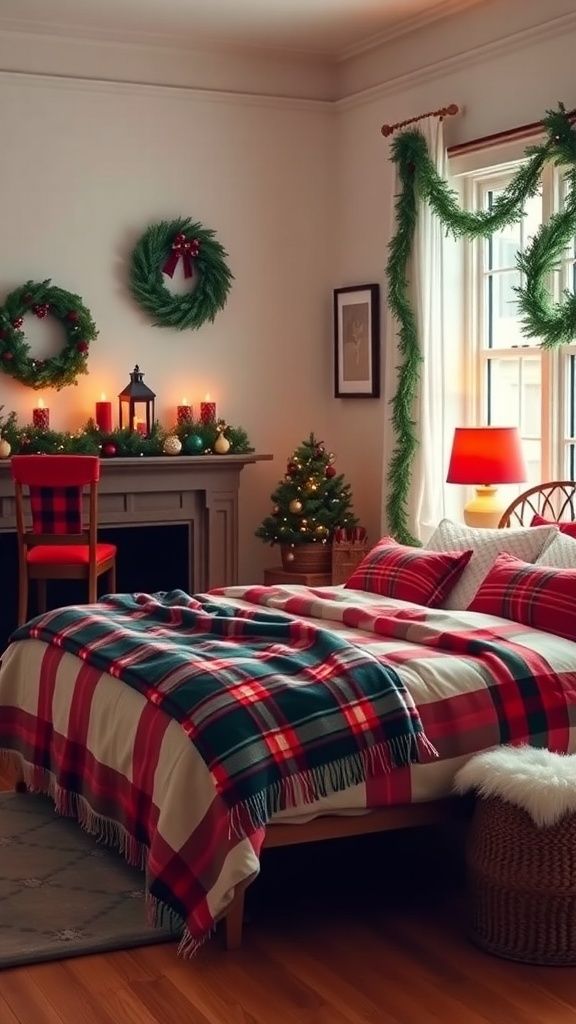 Bedroom with red and green plaid wreaths, white walls, and festive lighting.