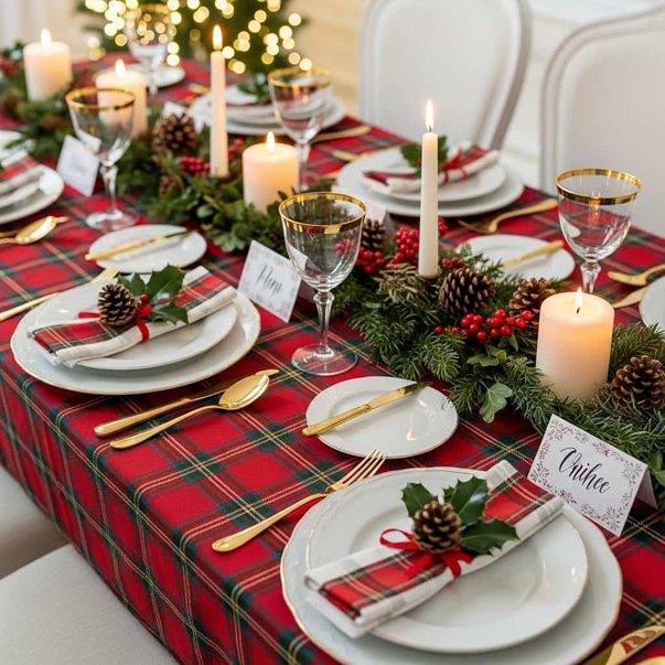 Festive dining room table dressed with red plaid runners, natural pinecones, and warm candle illumination.