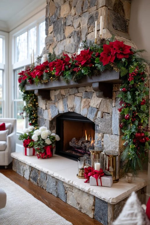 Rustic stone fireplace with bright red poinsettias and green foliage in ceramic pots.