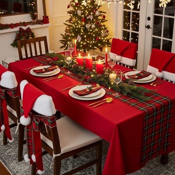 Cheerful dining area featuring tailored red Santa hat chair covers, red tablecloth, and warm chandelier glow.