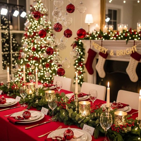 Dining room tablescape beneath suspended red glass baubles, cedar branches, and warm pendant ambient light.