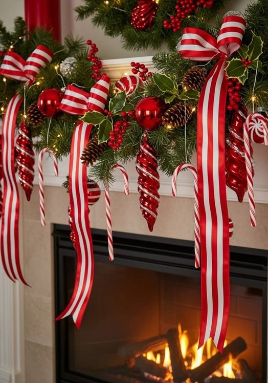 Mantel with large red and white striped ribbons tied in bows.