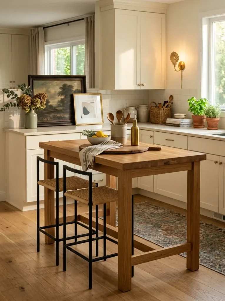 Portable wooden island with butcher block top, metal legs, open shelving, pendant lighting, neutral kitchen backdrop.