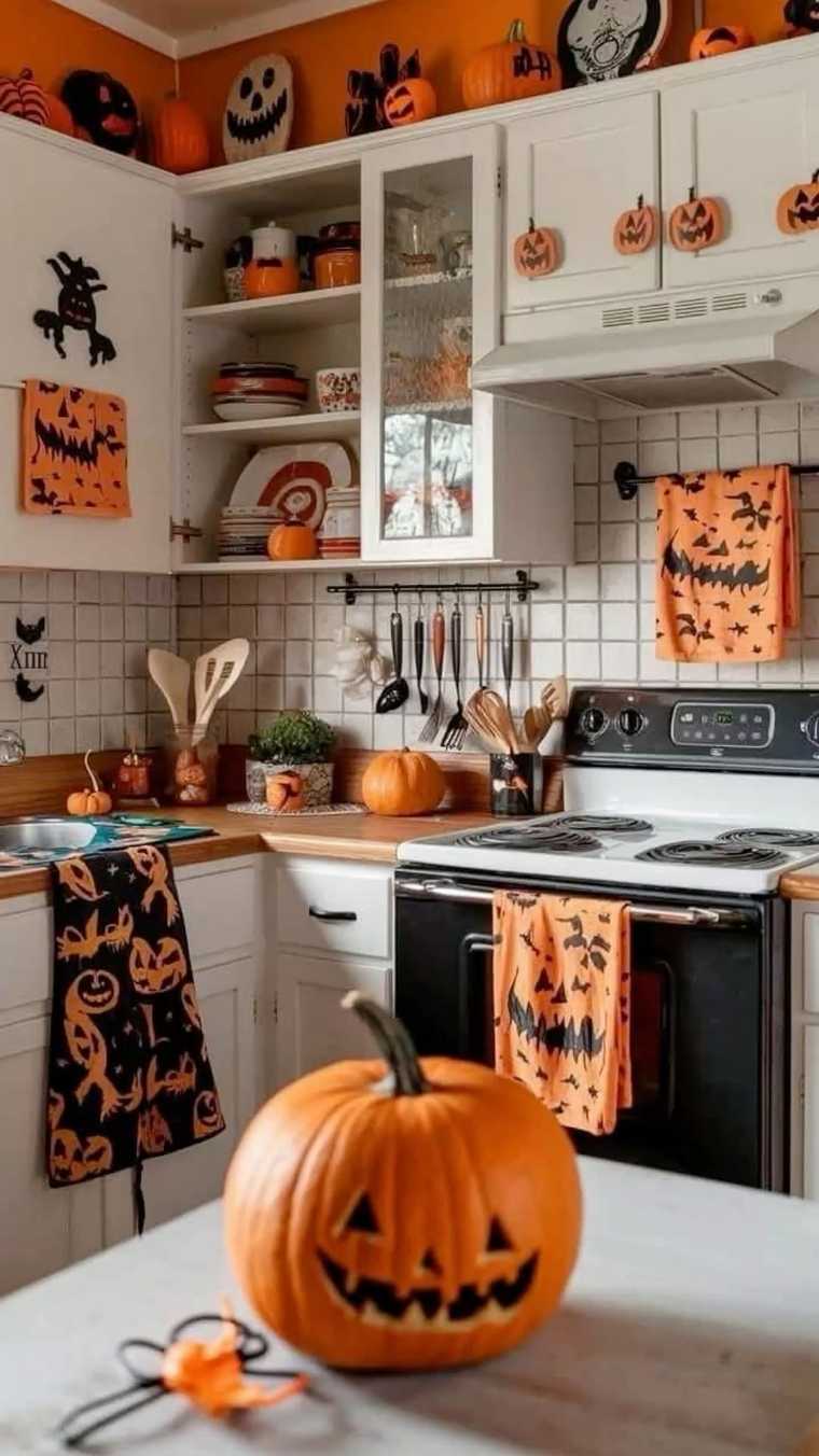 Retro cottage kitchen with a stove and carved pumpkin