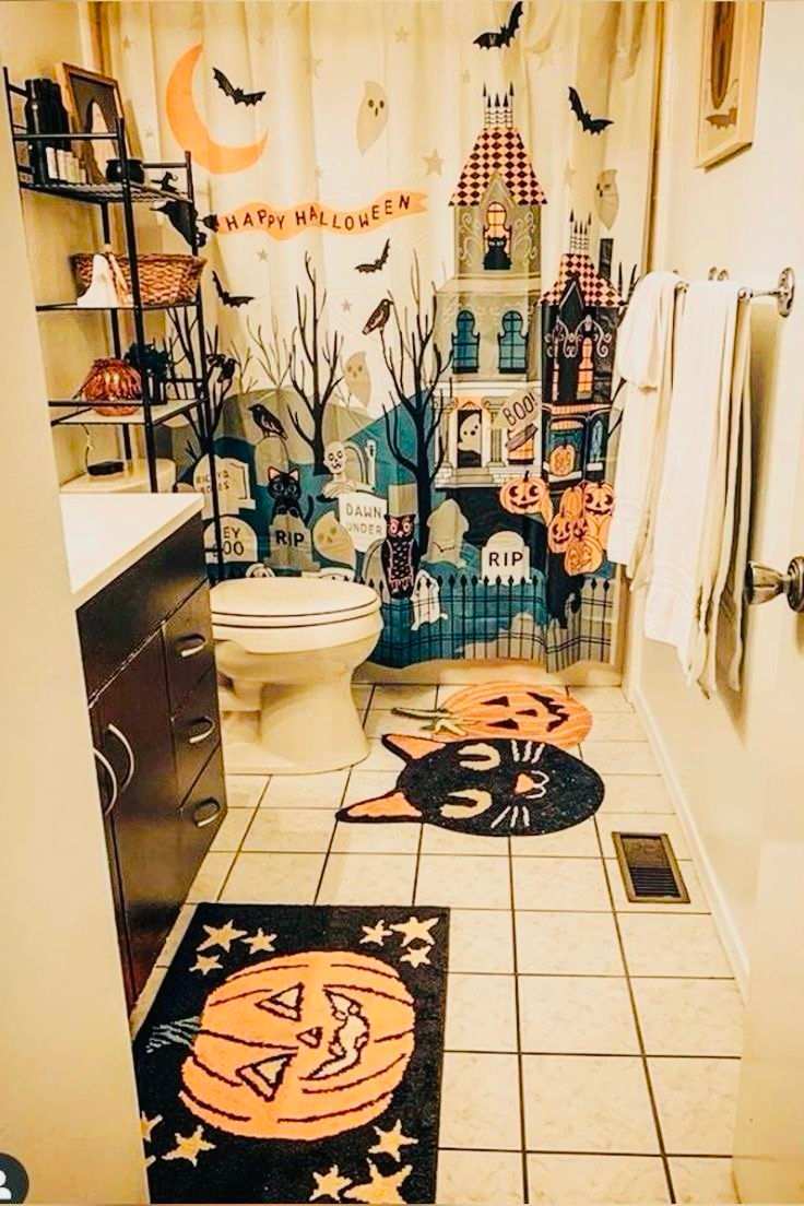 Retro Haunted House Shower Curtain Black Cat Rug
