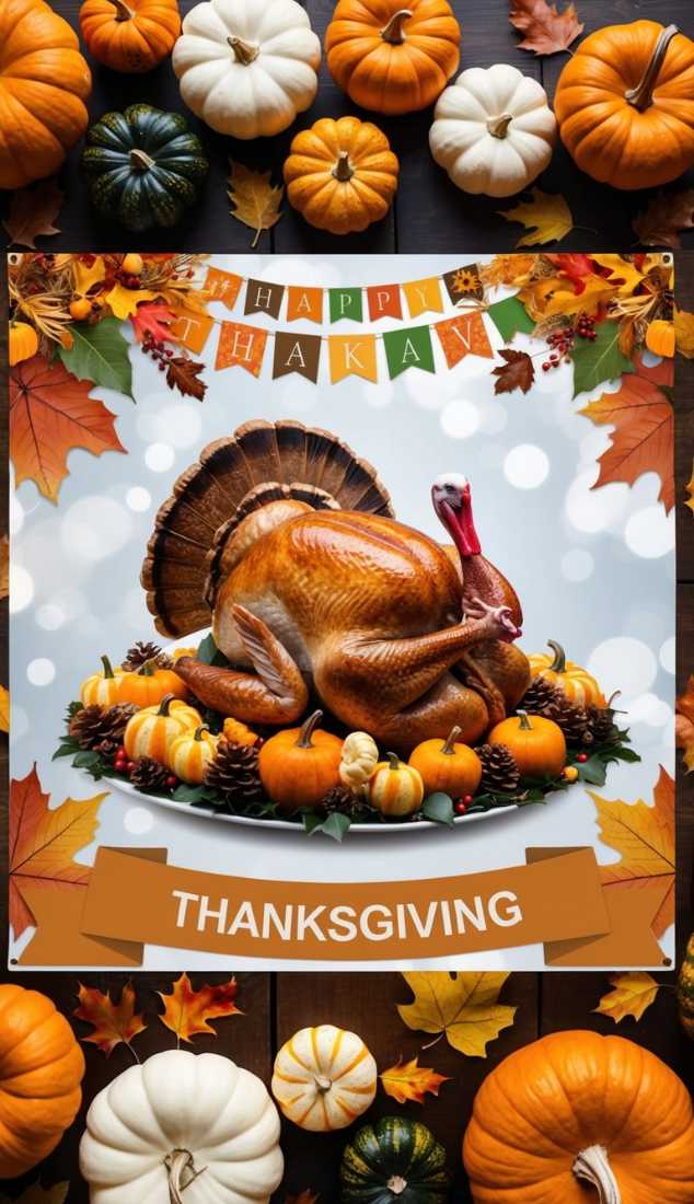 Large wall poster depicting a roasted turkey platter, vintage style, warm color palette, gallery lighting