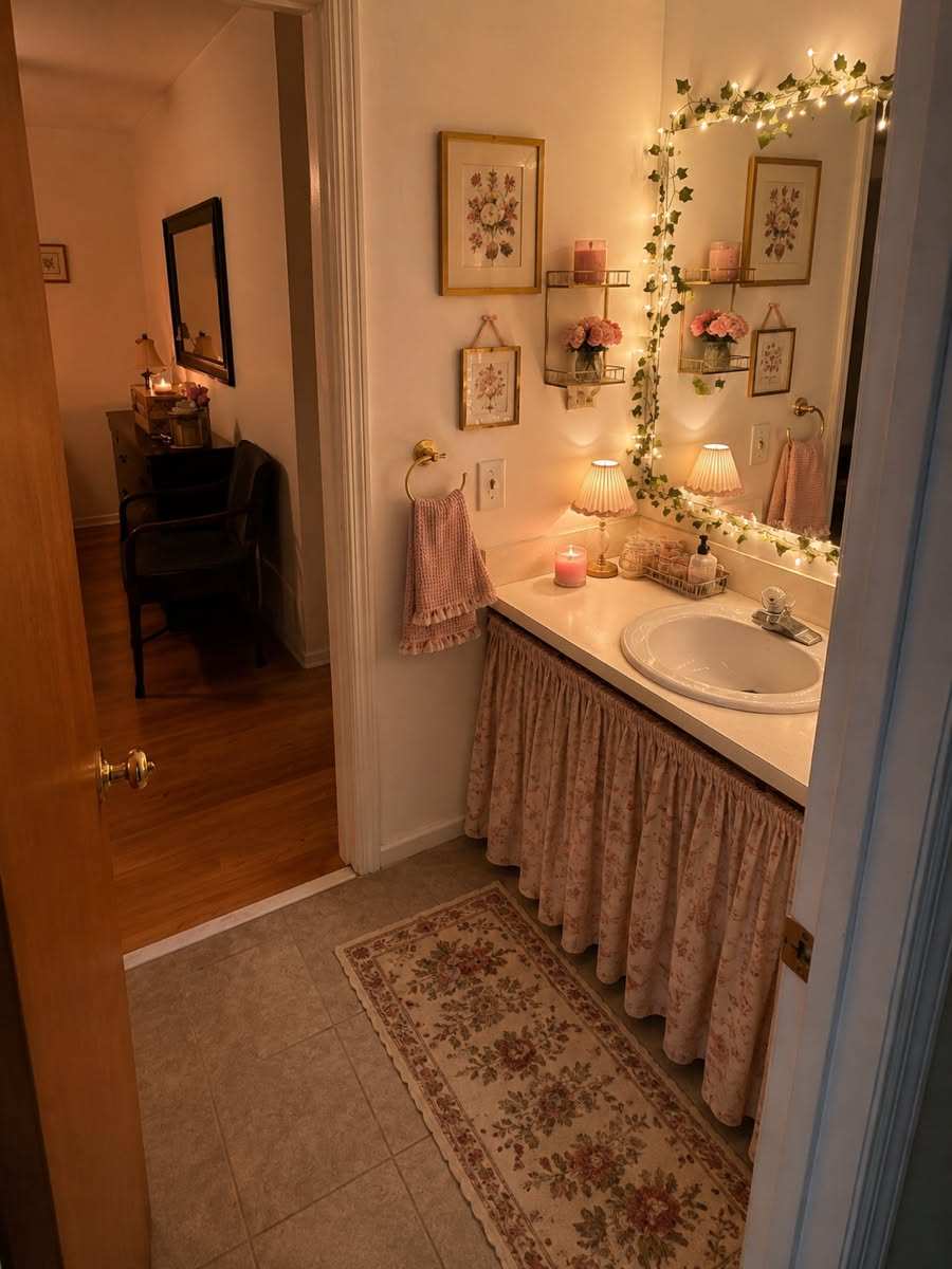 Cottage‑style powder room featuring a skirted porcelain sink, pastel floral wallpaper, fairy lights, and a vintage chandelier.