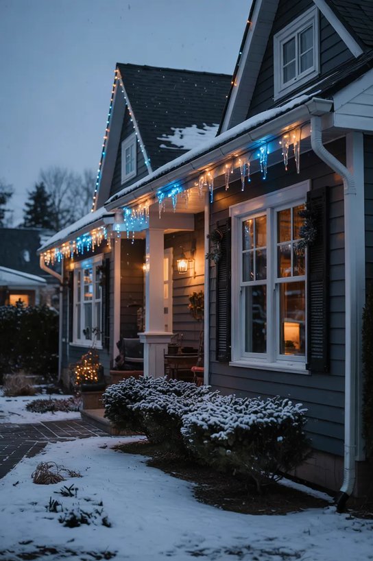 House roofline trimmed with hanging warm white LED icicle lights against a twilight winter sky.