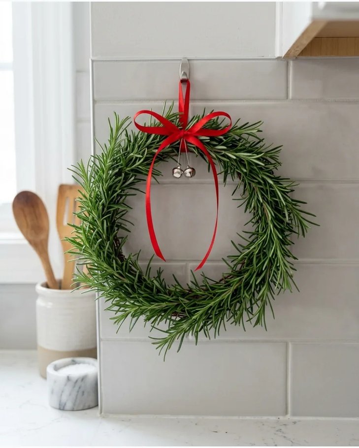 Rosemary wreath on white wall with warm lighting