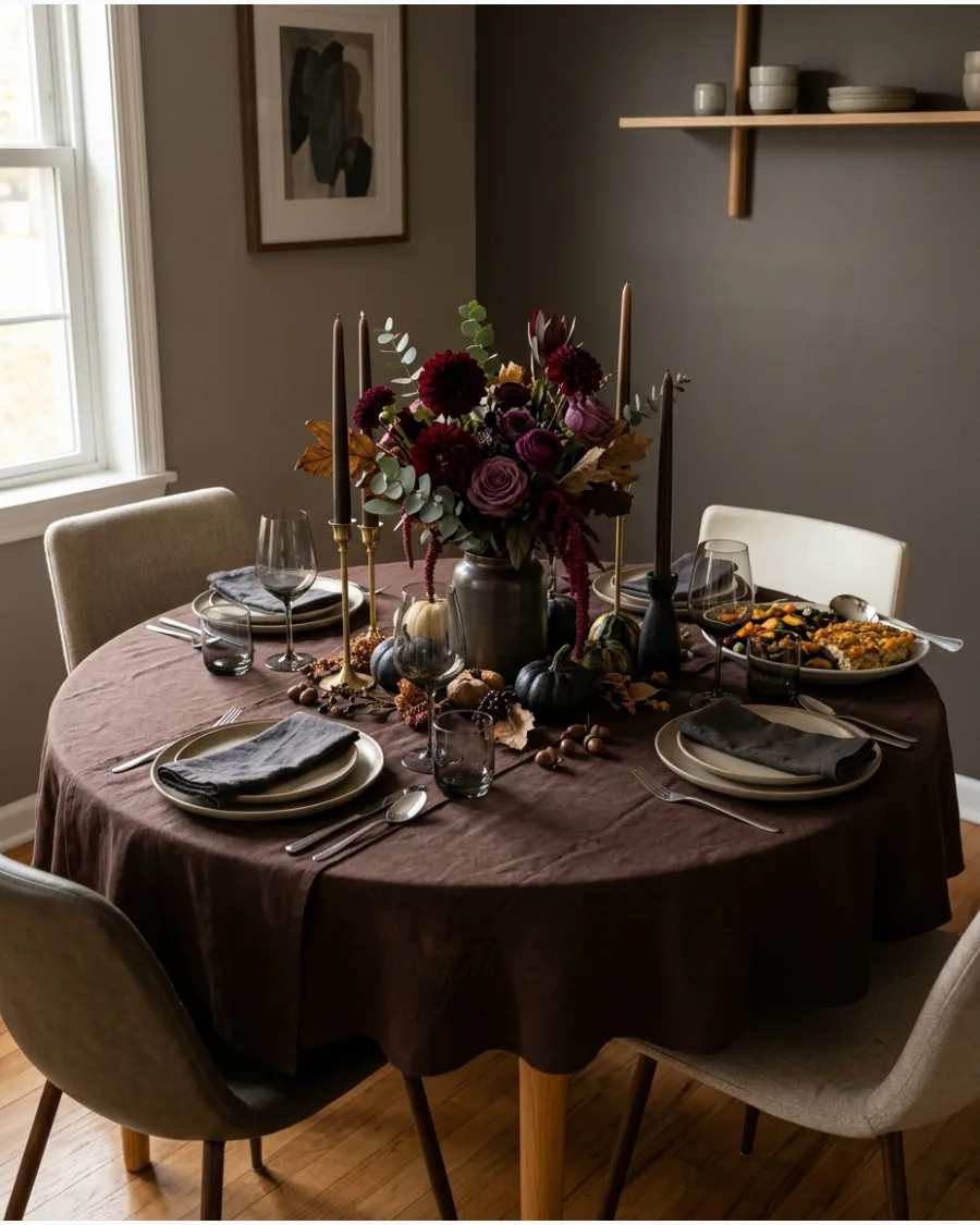 Round table with dark chocolate linen and moody florals