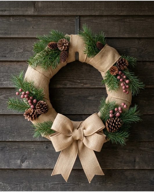 Rustic burlap wreath on wood door with warm lighting