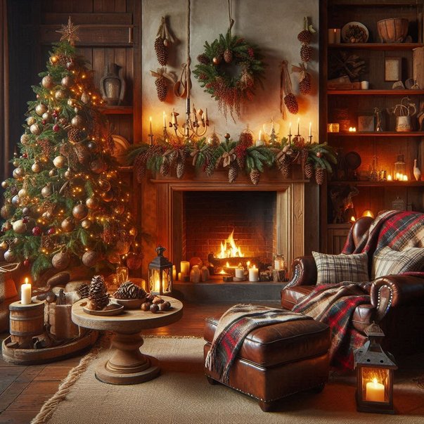 Rustic cabin living room stone fireplace with thick cedar garlands, stacked birch logs, and warm lanterns.