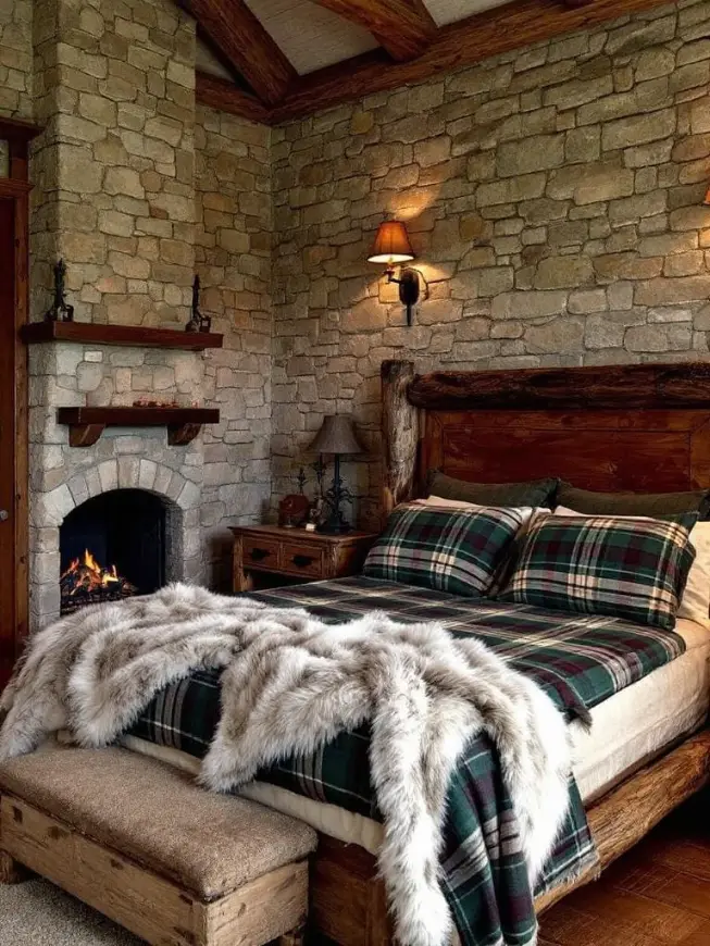 Rustic cabin men’s bedroom featuring a stone fireplace, plaid bedding, and natural wood accents.