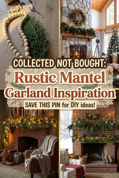Modern farmhouse living room fireplace with thick rustic cedar garland and warm lantern light accents