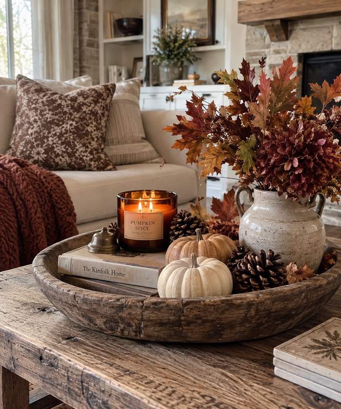 living room with rustic coffee table, dough bowl, pumpkins, pinecones, candle, natural wood textures
