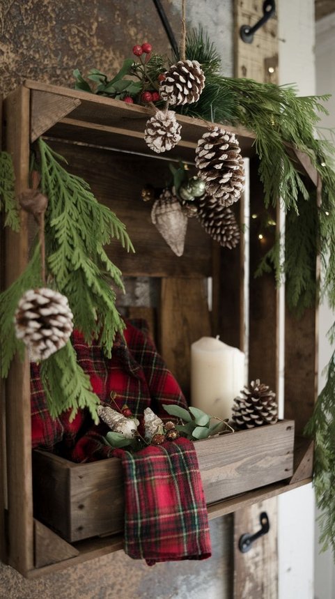 Wooden crate on a shelf filled with pinecones, dried berries, and a small rustic lantern.