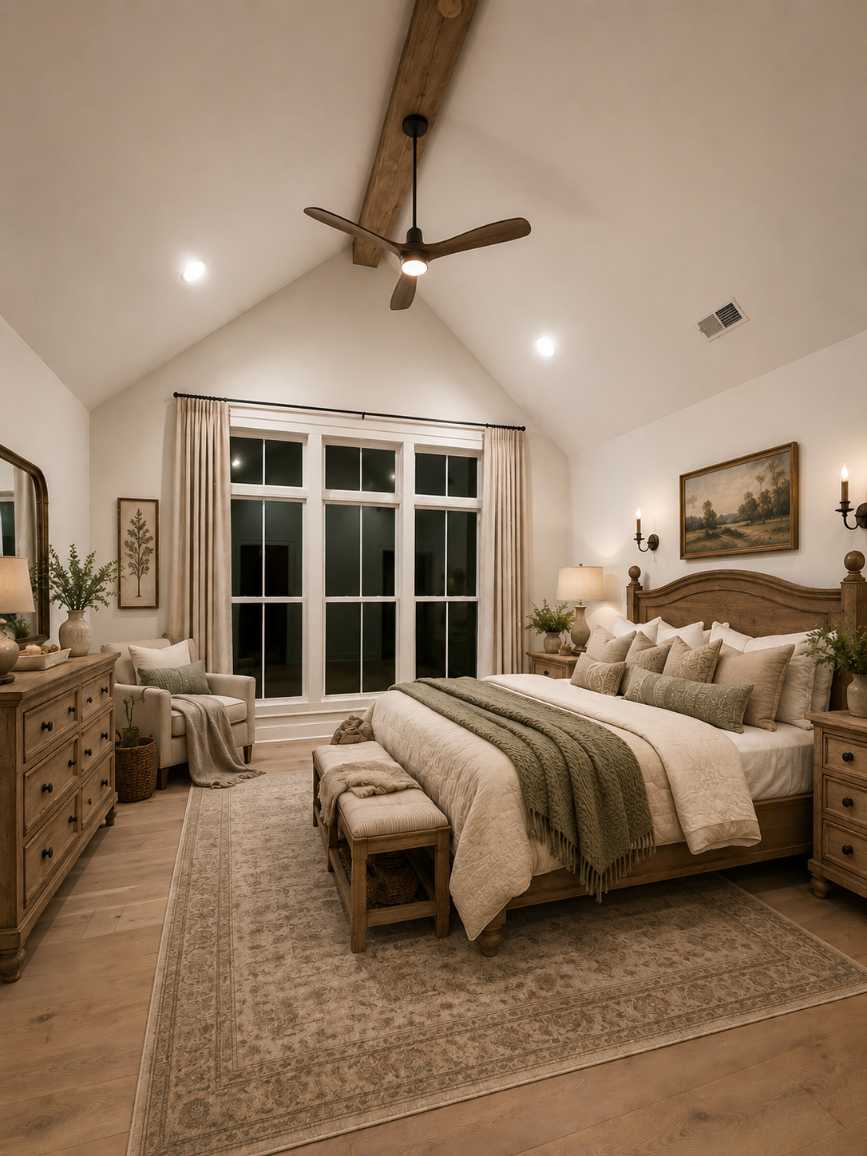 Rustic farmhouse bedroom with a vaulted wood beam ceiling and warm tones