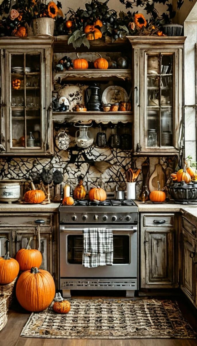 Rustic gothic kitchen with weathered wood and a pumpkin