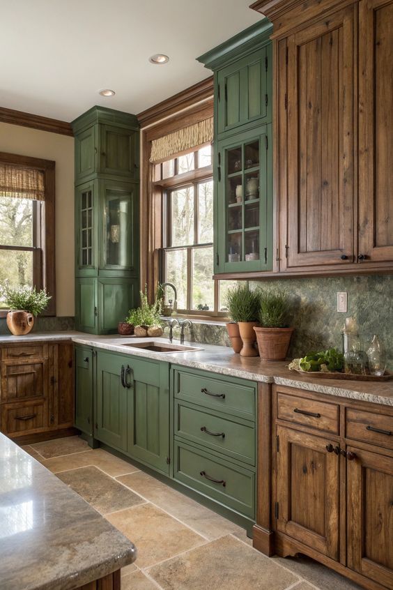 Rustic green cabinets, reclaimed wood panels, industrial pendant lighting, exposed brick wall.