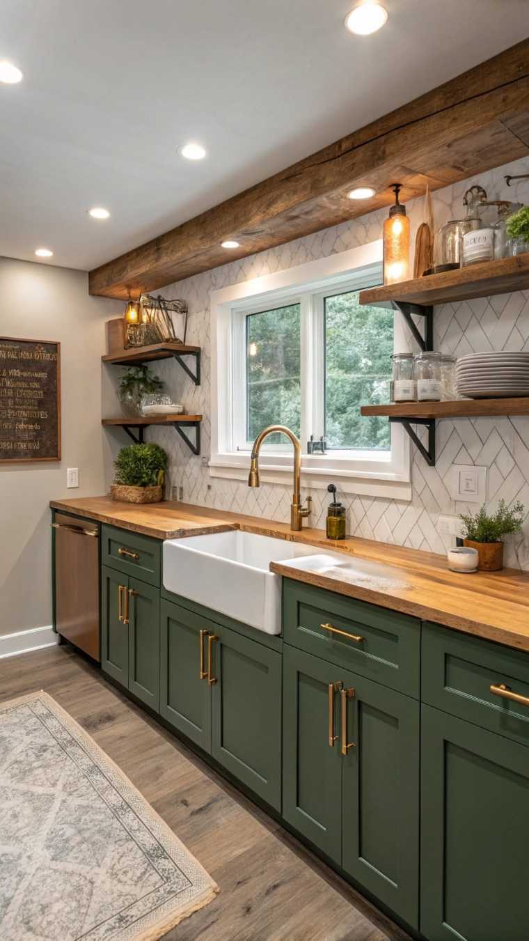 Rustic green cabinets, exposed wood beam ceiling, farmhouse sink, vintage lighting.