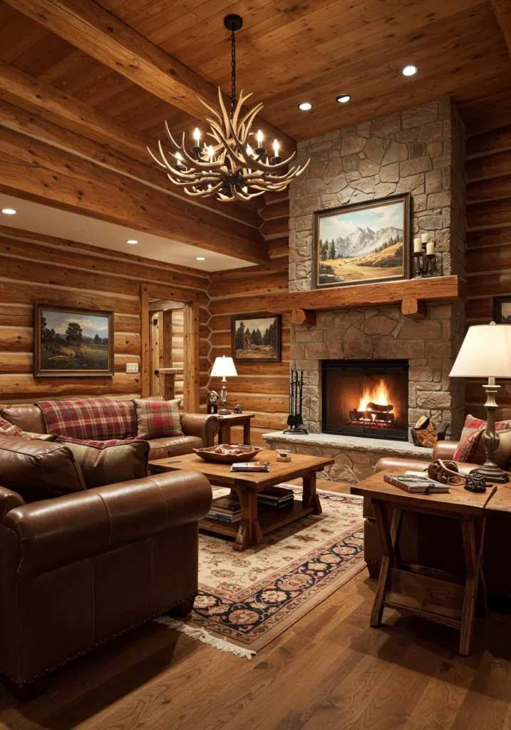 Rustic basement lodge with stone fireplace and antler chandelier