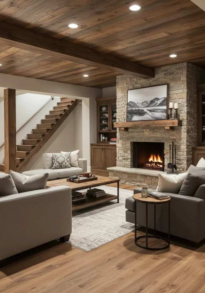 Modern rustic basement with stone fireplace and wood ceiling beams