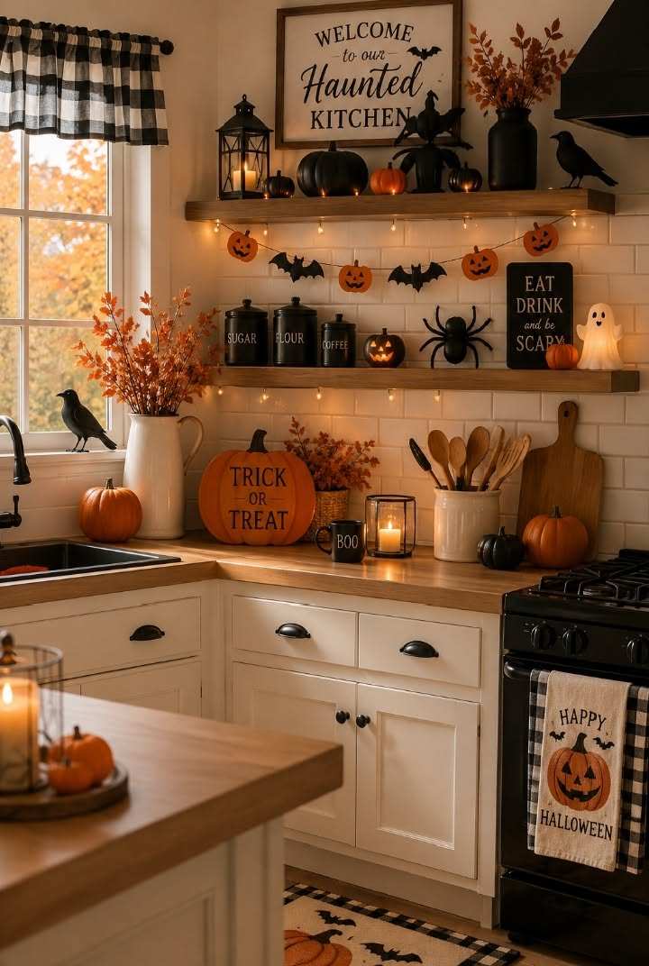 Rustic kitchen with open shelves and haunted decor