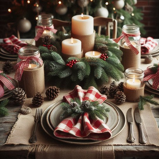 Wooden dining table styled with plaid textile runner, ivory pillar candles, and warm ambient light.