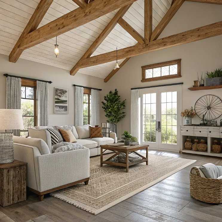 Living room wall featuring large wooden wagon wheel, neutral sofa, soft lighting, rustic décor.