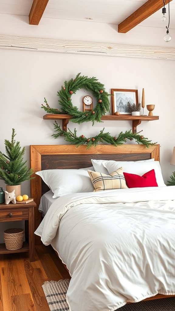 Bedroom with rustic wood shelves, live edge table, and warm natural light.
