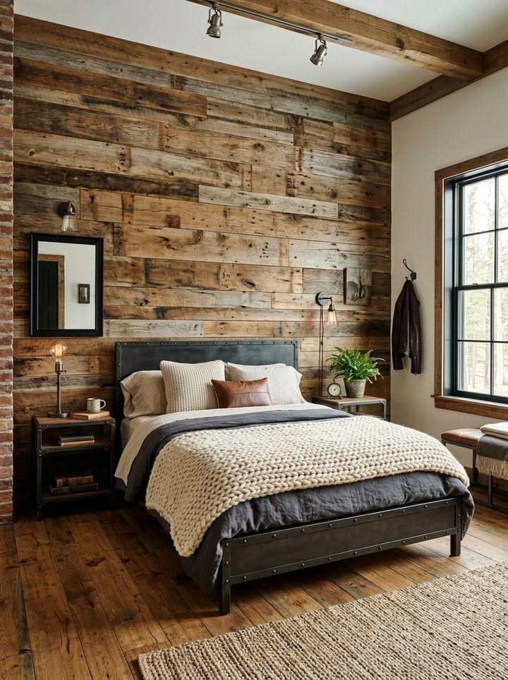 Bedroom with dark upholstered bed, rustic vertical wood plank accent wall, and brushed copper lighting fixtures