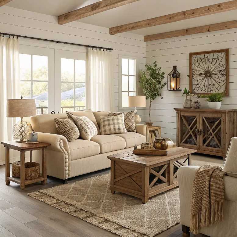 Living room sideboard of weathered wood, decorative bowls, vintage lamps, soft rug.