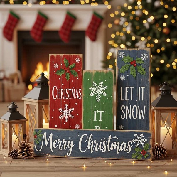 Entryway console with weathered wooden Christmas sign, vintage metal lanterns, and soft fairy lighting.