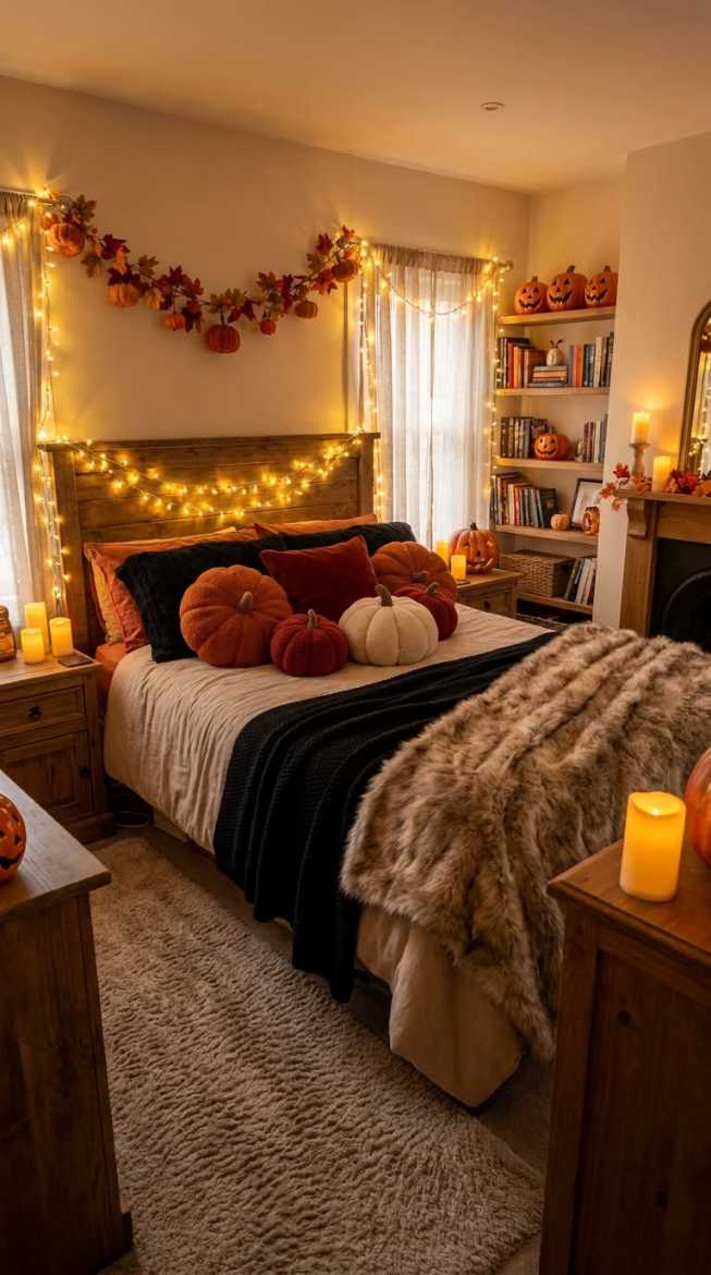 Bedroom with rustic wooden headboard, fairy lights, pumpkin pillows, and fur throw.