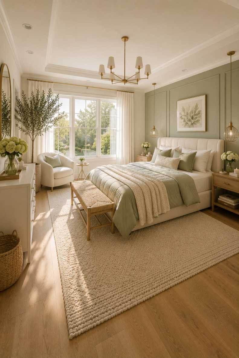 Sage green bedroom with organic textures for a cozy, natural retreat