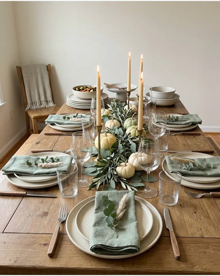 Sage green eucalyptus branches in vases on a table