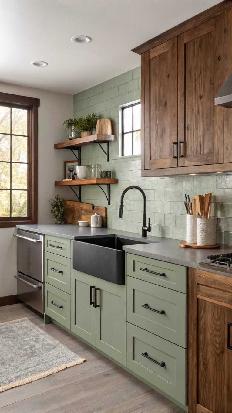 Sage green lower cabinets, wood upper shelves, green subway tile backsplash, soft lighting.