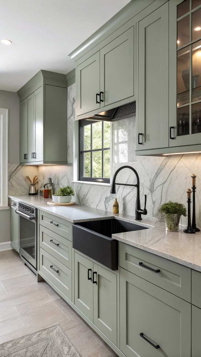 Sage shaker style cabinets, black hardware, white farmhouse sink, brushed gold lighting.