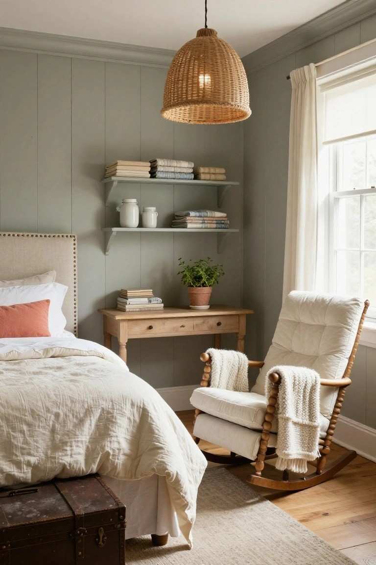 Bedroom featuring sage‑green shiplap walls, vintage rocking chair, linen bedding, soft lighting.