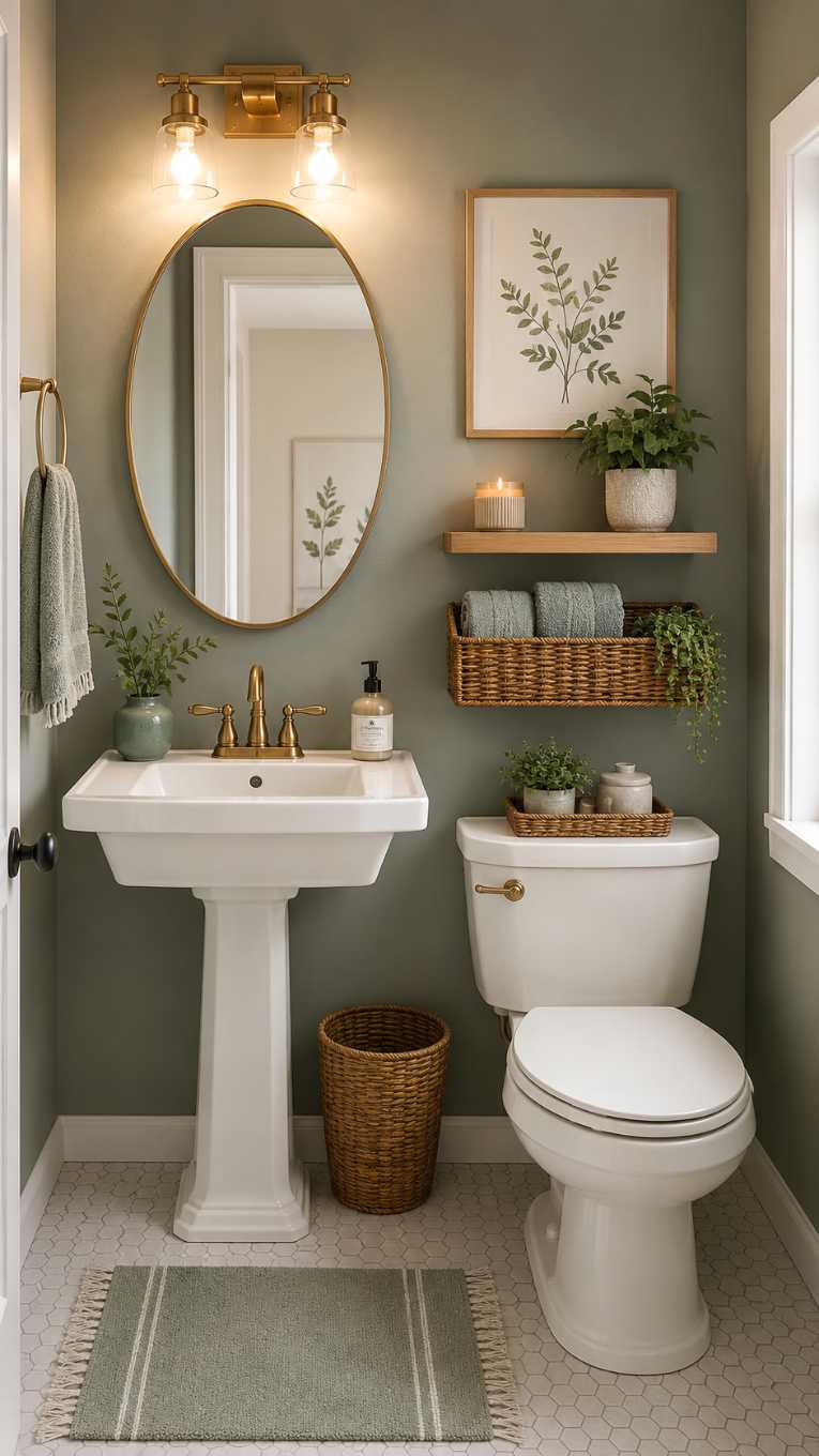 Compact bathroom featuring a sage green accent wall, white pedestal sink, natural stone floor, and recessed lighting.