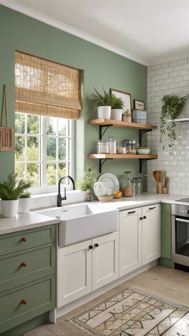 Sage painted walls, green cabinets, white sink, open wooden shelves, natural light.