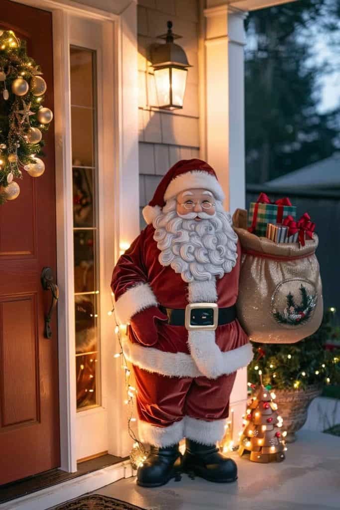 Front porch featuring Santa figurine holding a gift sack, pine backdrop, soft lighting