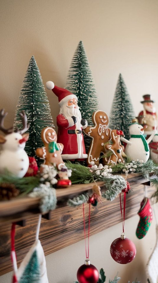 Shelf with a gingerbread house and Santa figurine, evoking sweet holiday treats.