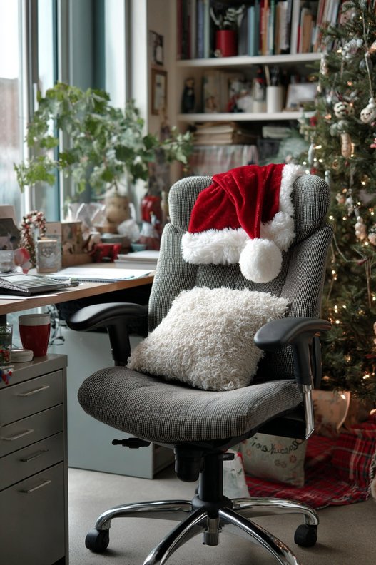 A red and white Santa hat draped over the back of a black office chair.