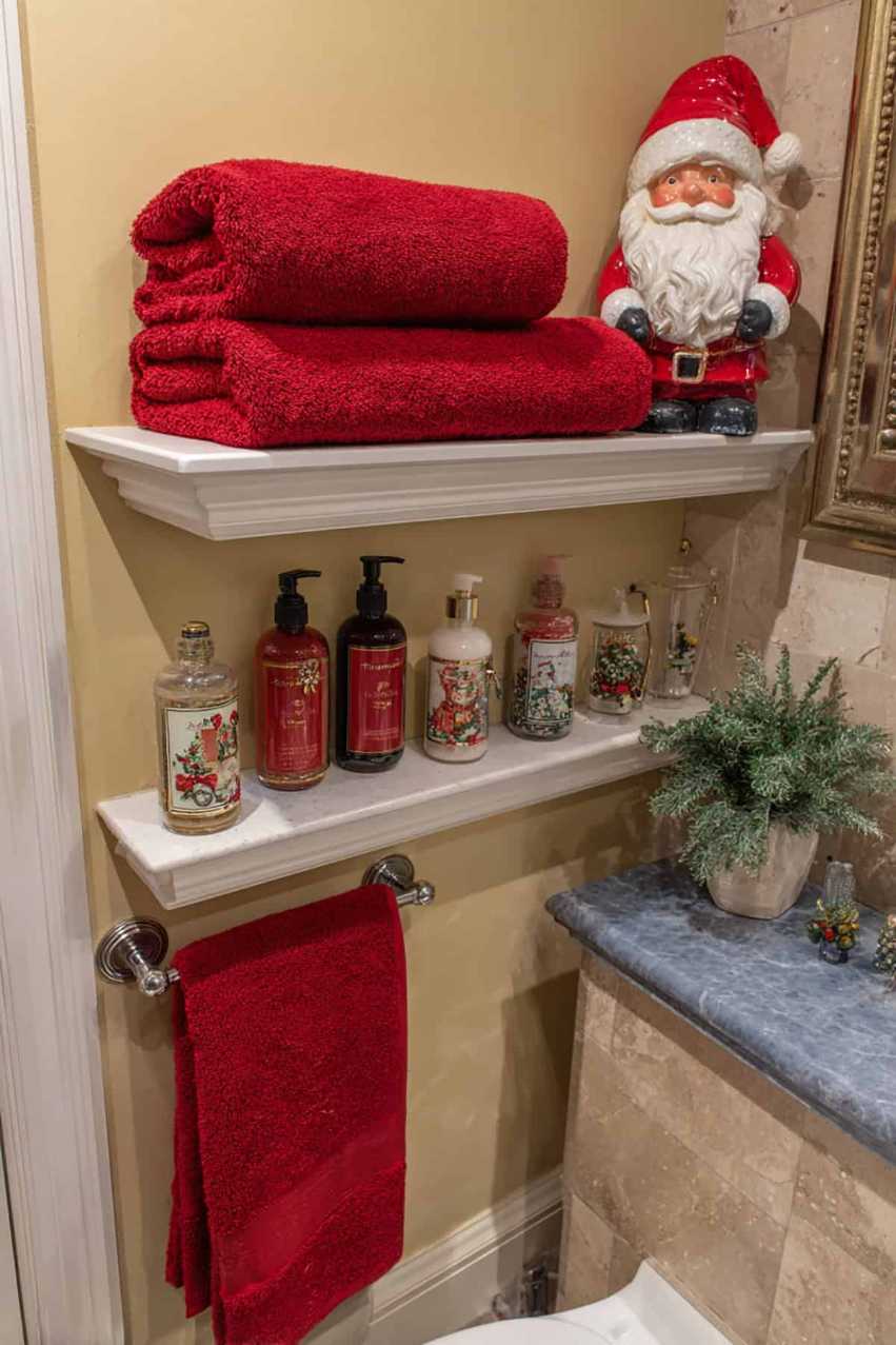 Santa figurine, red and white, white bathroom, playful holiday accent
