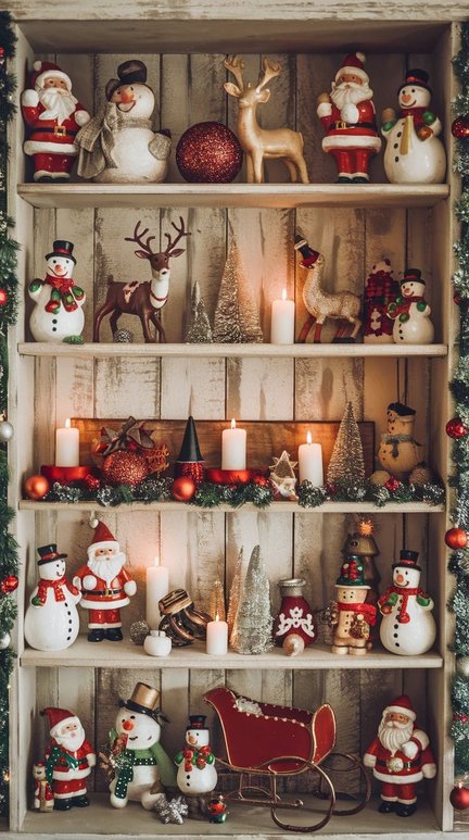 Shelves with classic Santa and snowman figurines in red and white holiday colors.