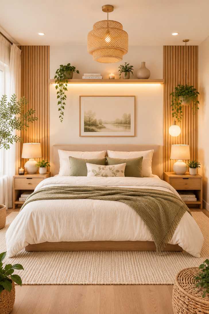 Scandinavian bedroom with cozy minimalist decor and light wood tones