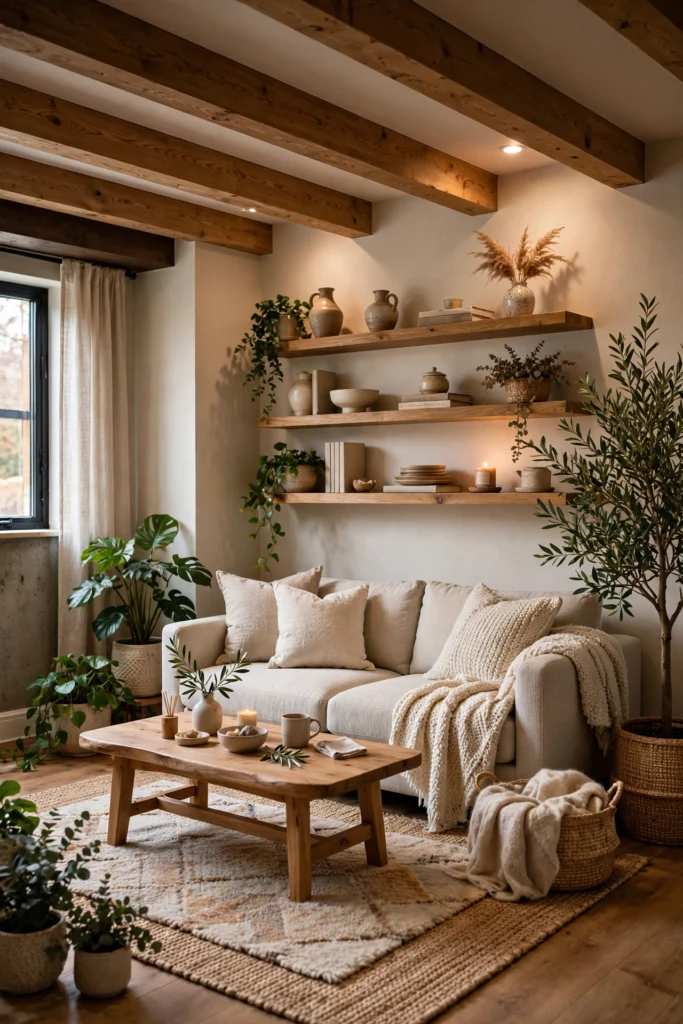 Scandinavian basement room with floating shelves and potted plants