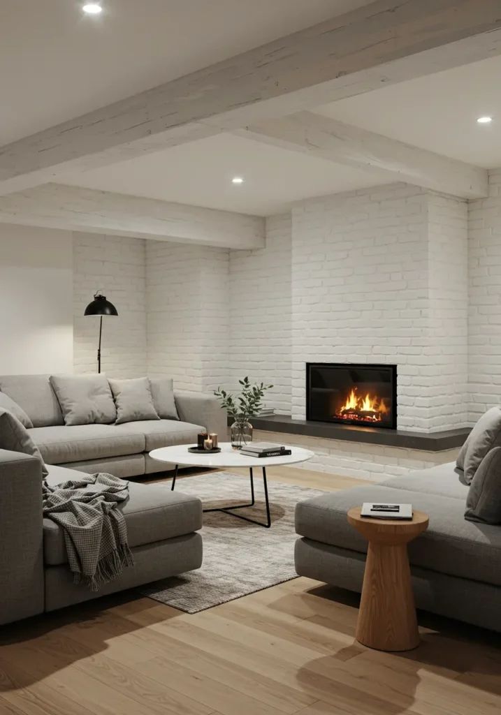 Hygge basement room with white brick fireplace and cozy textiles