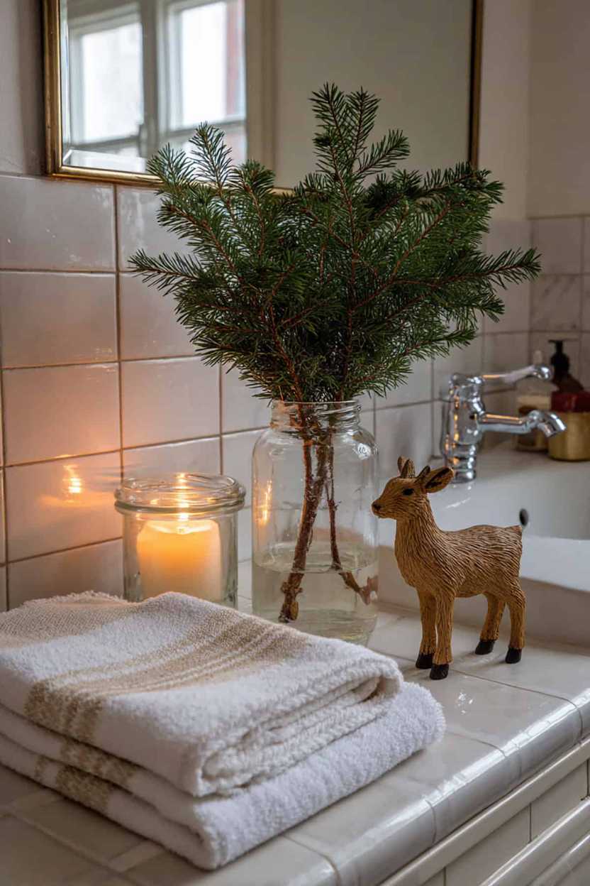 Minimalist bathroom, white and wood, simple holiday accent, bright light